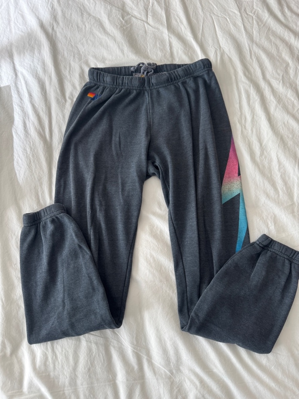 Aviator Nation Womens Charcoal/Blue Sweatpants with Rainbow Bolt